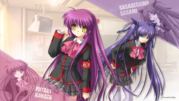 Anime picture 1920x1080 with little busters! key (studio) sasasegawa sasami futaki kanata na-ga hinoue itaru long hair highres blue eyes wide image multiple girls yellow eyes purple hair inscription wallpaper girl thighhighs skirt uniform ribbon (ribbons)