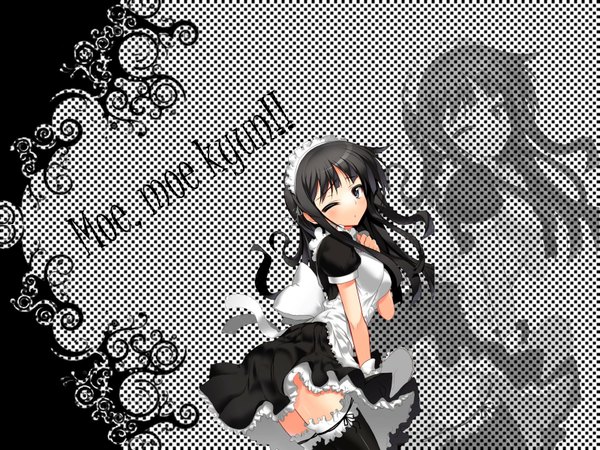 Anime picture 1600x1200 with k-on! kyoto animation akiyama mio black hair one eye closed wink black eyes maid girl thighhighs