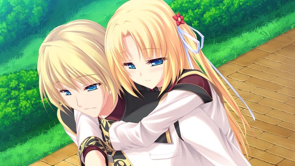 Anime picture 1920x1080 with ryuuyoku no melodia carlyle mel tenmaso long hair highres short hair blue eyes blonde hair wide image game cg couple girl boy uniform ribbon (ribbons) hair ribbon school uniform