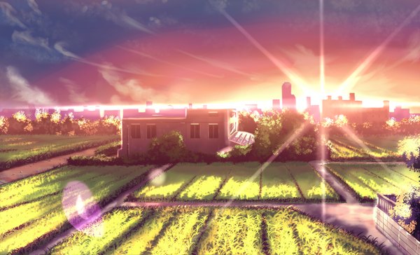 Anime picture 2720x1652 with original yan (nicknikg) highres wide image cloud (clouds) city evening sunset no people landscape field plant (plants) tree (trees) building (buildings)
