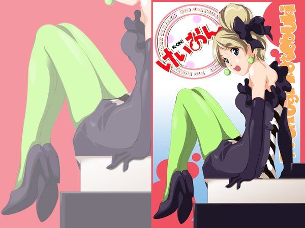 Anime picture 1280x960 with k-on! kyoto animation kotobuki tsumugi akaho sakura single short hair open mouth blue eyes blonde hair sitting full body :d hair bun (hair buns) high heels wallpaper copyright name character names third-party edit don't say "lazy" girl