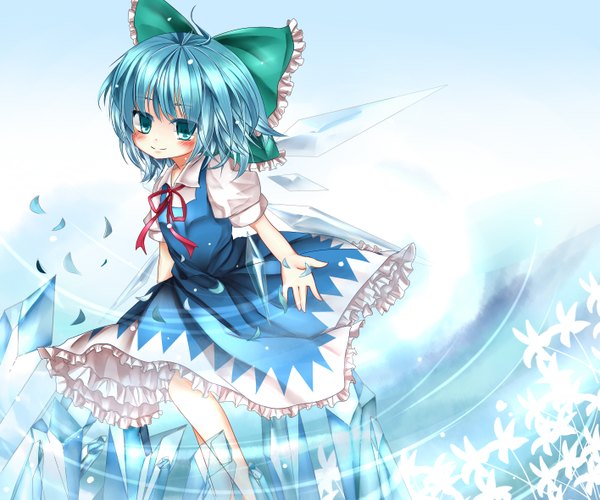 Anime picture 1415x1181 with touhou cirno oumi hi single blush short hair blue eyes blue hair girl dress bow hair bow wings crystal ice