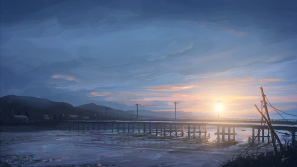 Anime picture 1920x1080 with original niko p highres wide image signed sky wallpaper no people landscape scenic river twilight sun bridge power lines