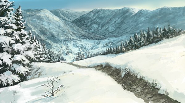 Anime picture 1818x1015 with original you shimizu highres wide image winter snow mountain no people landscape plant (plants) tree (trees)