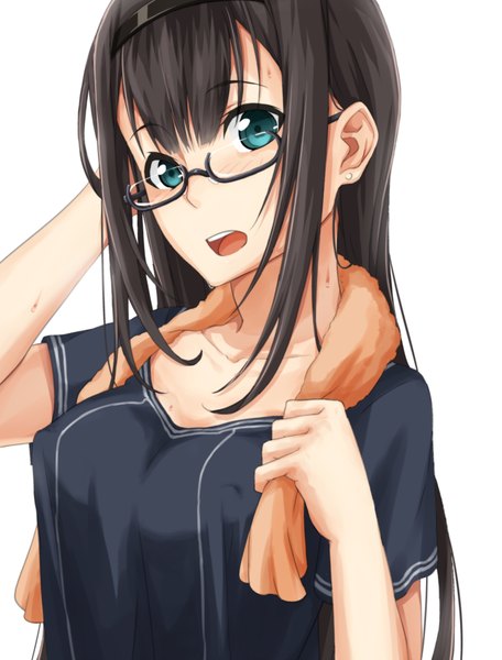 Anime picture 794x1043 with original sblack single long hair tall image blush open mouth blue eyes light erotic black hair simple background white background towel around neck girl glasses hairband towel