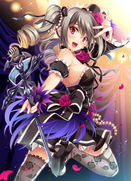 Anime picture 1017x1400 with idolmaster idolmaster cinderella girls kanzaki ranko moneti (daifuku) single long hair tall image looking at viewer blush open mouth red eyes twintails grey hair drill hair anniversary princess girl thighhighs dress flower (flowers) ribbon (ribbons)