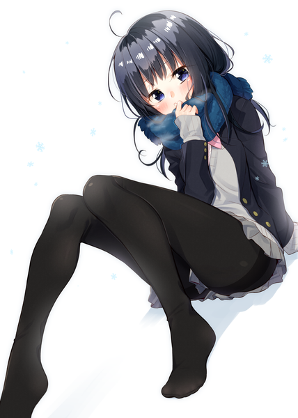 Anime picture 1191x1670 with original sakuragi ren single long hair tall image looking at viewer blush fringe blue eyes black hair simple background white background sitting ahoge long sleeves pleated skirt arm support no shoes exhalation covered mouth
