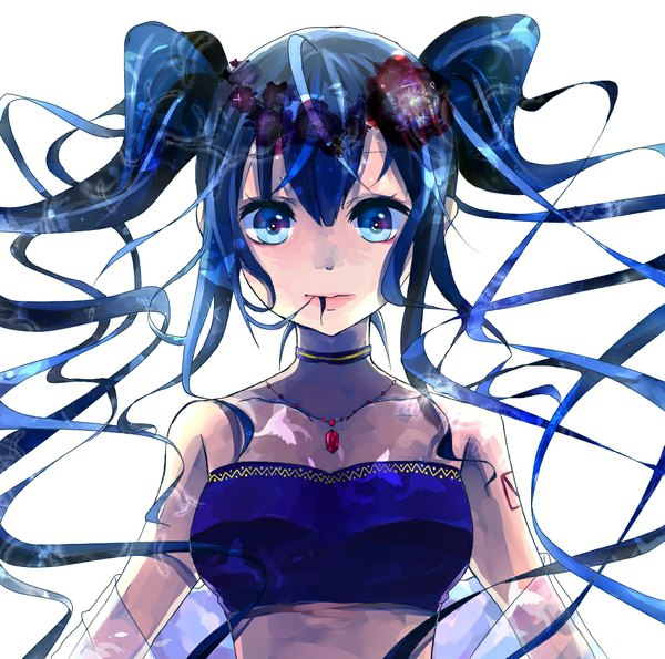 Anime picture 1032x1024 with vocaloid hatsune miku long hair fringe simple background white background twintails bare shoulders hair flower aqua eyes tattoo alternate costume mouth hold girl hair ornament flower (flowers) pendant jewelry