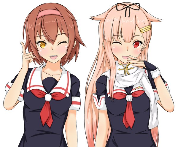 Anime picture 1197x988 with kantai collection yuudachi destroyer shiratsuyu destroyer linfa long hair looking at viewer blush fringe short hair breasts open mouth blonde hair simple background red eyes brown hair white background multiple girls yellow eyes one eye closed wink