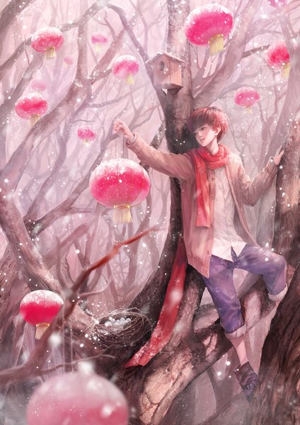 Anime picture 1253x1772 with original wallace (artist) single tall image fringe short hair brown hair holding brown eyes looking away outdoors lips open clothes open jacket snowing winter snow bare tree boy plant (plants)