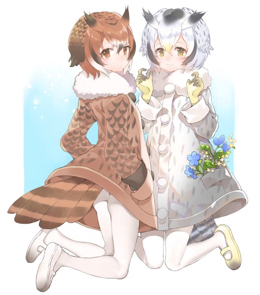 Anime picture 816x925 with kemono friends northern white-faced owl (kemono friends) eurasian eagle owl (kemono friends) shiosoda tall image fringe short hair light erotic hair between eyes brown hair multiple girls brown eyes silver hair full body ass tail kneeling hands in pockets bird girl girl