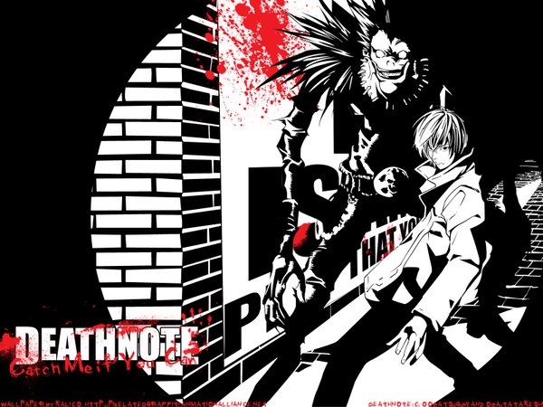 Anime picture 1600x1200 with death note madhouse yagami light ryuk kalicodreamz obata takeshi looking at viewer short hair signed multiple boys copyright name vector third-party edit spiked hair brick wall polychromatic popped collar high contrast boy 2 boys