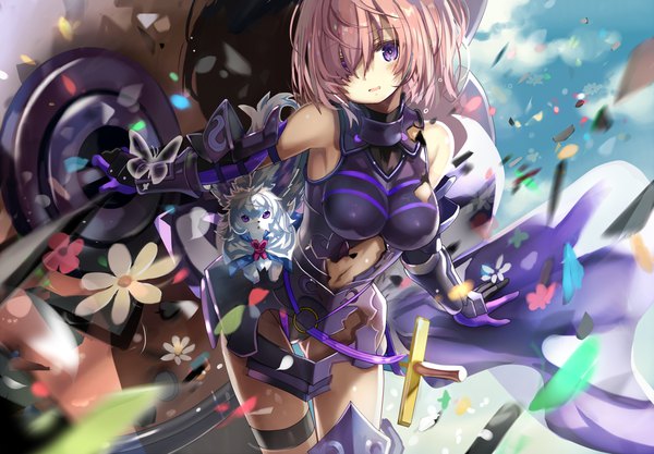 Anime picture 1300x904 with fate (series) fate/grand order mash kyrielight shino (eefy) single fringe short hair breasts light erotic large breasts purple eyes bare shoulders pink hair cloud (clouds) parted lips hair over one eye bare belly armpit (armpits) outstretched arm ass visible through thighs