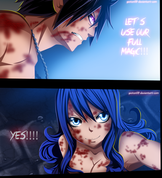 Anime picture 3500x3833 with fairy tail gray fullbuster juvia lockser tongasart long hair tall image highres short hair blue eyes black hair smile blue hair absurdres profile pink eyes inscription grin coloring multiview angry