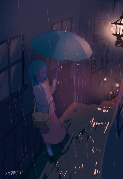 Anime picture 1419x2067 with vocaloid hatsune miku taisos single long hair tall image blue eyes standing twintails blue hair looking away open clothes open jacket rain alley girl glasses jacket umbrella bag