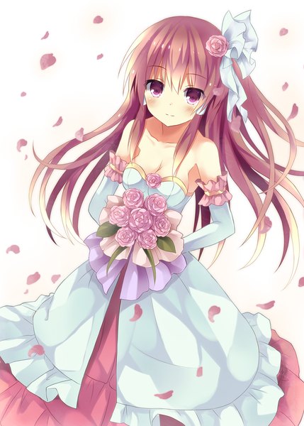 Anime picture 814x1139 with touhou hakurei reimu mizumidori single long hair tall image looking at viewer blush purple eyes purple hair girl dress gloves flower (flowers) petals elbow gloves bouquet