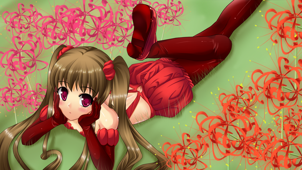 Anime picture 1680x945 with original slavedoll (artist) long hair blush brown hair wide image twintails lying pink eyes loli head rest girl gloves elbow gloves higanbana