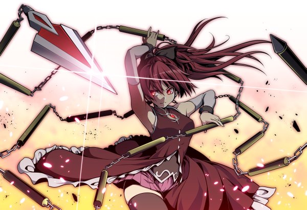 Anime picture 2454x1683 with mahou shoujo madoka magica shaft (studio) sakura kyouko uousa single long hair highres red eyes ponytail red hair girl thighhighs bow weapon black thighhighs hair bow detached sleeves chain