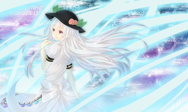 Anime picture 1200x720 with touhou hinanawi tenshi aru gunsou single long hair red eyes wide image white hair magic girl dress hat