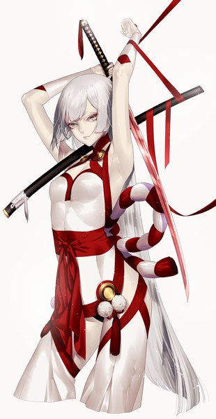 Anime picture 2450x4730 with original tayuya1130 single long hair tall image looking at viewer fringe highres simple background white background holding grey hair arms up armpit (armpits) grey eyes eyeshadow girl ribbon (ribbons) weapon sword
