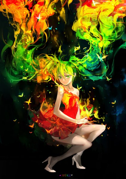 Anime picture 1024x1449 with vocaloid hatsune miku huazha01 single tall image looking at viewer fringe twintails green eyes bent knee (knees) very long hair multicolored hair light smile bare legs high heels alternate costume black background glow butterfly on hand girl