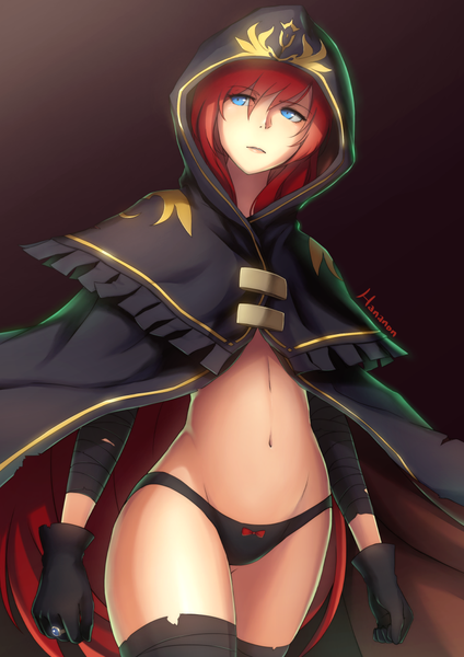 Anime picture 744x1052 with original thousand characters project (hananon) mysterious girl (thousand characters project) hananon single long hair tall image fringe blue eyes light erotic simple background looking away red hair girl gloves navel underwear panties black gloves hood