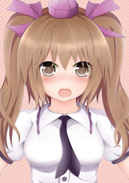 Anime picture 1696x2400 with touhou himekaidou hatate masa masa single long hair tall image blush open mouth brown hair twintails brown eyes girl hat shirt necktie
