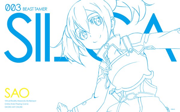 Anime picture 1280x800 with sword art online a-1 pictures silica single looking at viewer smile wide image twintails bare shoulders text short twintails english lineart girl