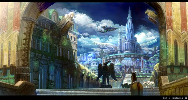 Anime picture 1200x640 with original pixiv fantasia pixiv fantasia iii yansun wide image sky cloud (clouds) city fantasy hat animal wings building (buildings) feather (feathers) stairs castle aircraft horse statue arch