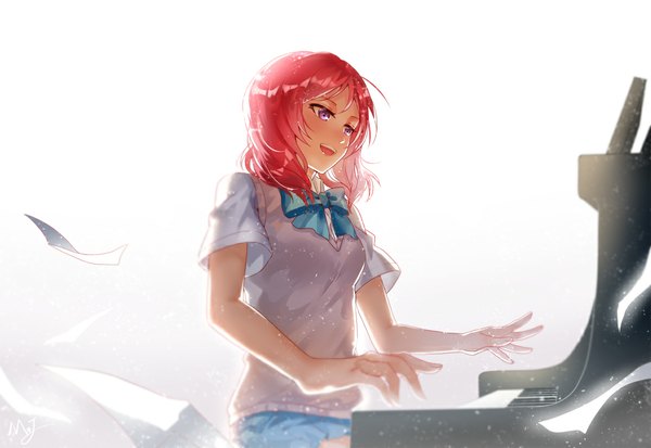 Anime picture 1181x813 with love live! school idol project sunrise (studio) love live! nishikino maki majiang single long hair blush open mouth simple background sitting purple eyes pink hair gradient background looking down happy playing instrument girl uniform school uniform