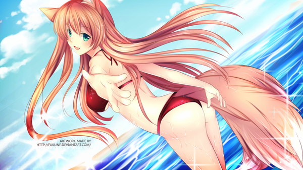 Anime picture 1024x576 with fukune single long hair looking at viewer fringe open mouth light erotic smile wide image standing bare shoulders green eyes signed animal ears sky cloud (clouds) tail animal tail arm up sunlight