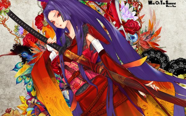 Anime picture 1920x1200 with tony taka long hair highres red eyes wide image purple hair girl flower (flowers) weapon sword katana