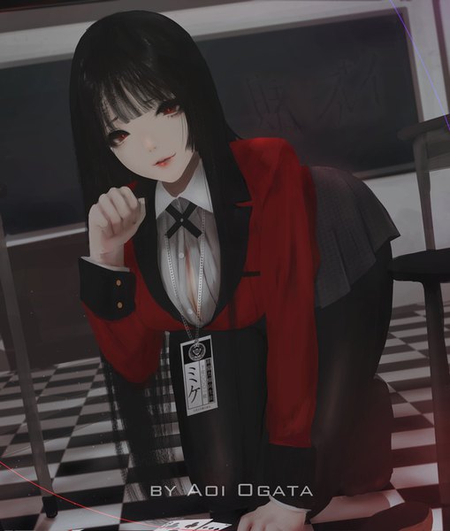 Anime picture 1358x1600 with kakegurui jabami yumeko aoi ogata single long hair tall image looking at viewer fringe breasts light erotic red eyes signed cleavage full body indoors blunt bangs long sleeves parted lips lipstick on all fours