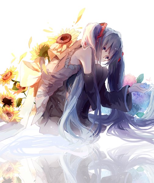 Anime picture 1200x1426 with vocaloid hatsune miku yoisy single long hair tall image looking at viewer sitting twintails very long hair aqua eyes aqua hair reflection girl skirt hair ornament flower (flowers) detached sleeves