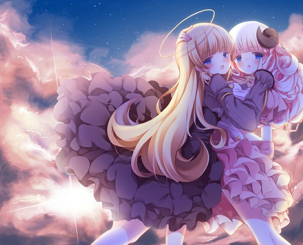 Anime picture 1100x888 with original yamucha long hair blush open mouth blue eyes blonde hair multiple girls cloud (clouds) horn (horns) girl dress 2 girls halo