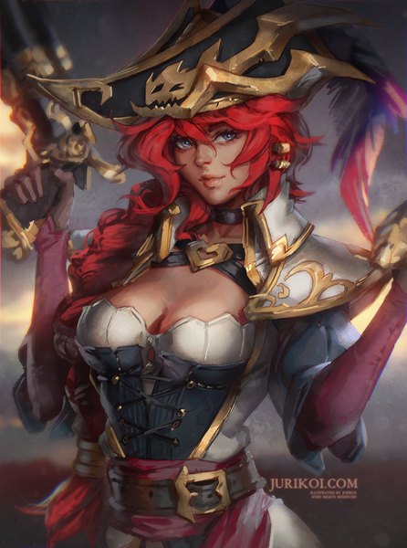 Anime picture 669x900 with league of legends miss fortune (league of legends) jurikoi single long hair tall image looking at viewer breasts blue eyes red hair lips pirate girl weapon hat gun pistol pirate hat