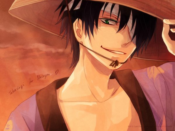 Anime picture 1024x767 with gintama sunrise (studio) takasugi shinsuke lancha (pixiv) black hair smile green eyes sunlight bandage over one eye boy hat eyepatch open kimono