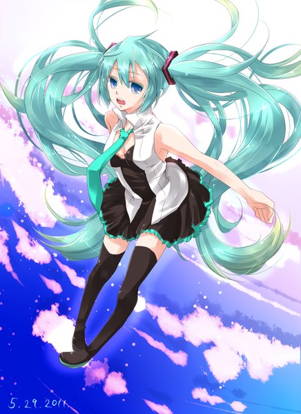 Anime picture 1275x1755 with vocaloid hatsune miku ginshachi (artist) single long hair tall image open mouth blue eyes twintails sky cloud (clouds) aqua hair girl skirt miniskirt necktie thigh boots