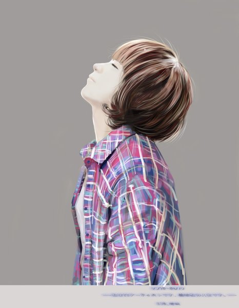 Anime picture 2480x3195 with wzc552 single tall image fringe highres short hair simple background brown hair eyes closed profile grey background girl shirt checkered shirt