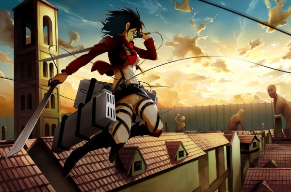 Anime picture 1200x794 with shingeki no kyojin production i.g mikasa ackerman kyokucho short hair black hair holding brown eyes cloud (clouds) open clothes open jacket evening sunset dual wielding giant girl weapon sword boots belt