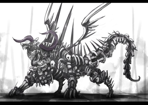 Anime picture 2000x1428 with original ganesagi single highres standing tail horn (horns) shadow checkered floor demon bone (bones) giant wings skull monster thorns