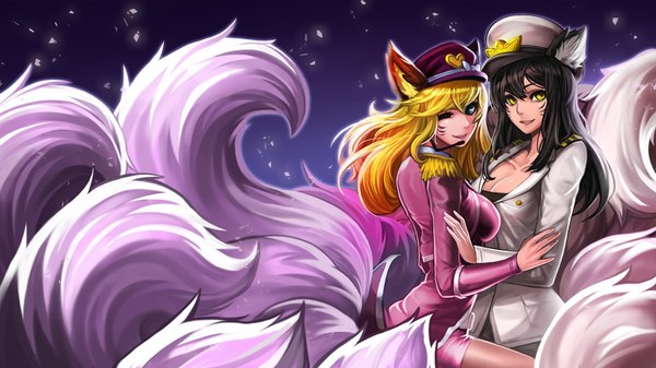 Anime picture 1920x1080 with league of legends ahri (league of legends) popstar ahri (league of legends) goomrrat long hair looking at viewer highres blue eyes black hair blonde hair smile wide image multiple girls animal ears yellow eyes tail animal tail one eye closed wink hug