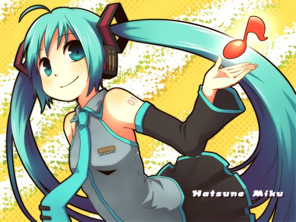 Anime picture 1600x1200 with vocaloid hatsune miku hinata (artist) smile pleated skirt aqua eyes girl skirt detached sleeves necktie vest musical note