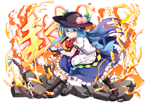 Anime picture 1771x1254 with touhou hinanawi tenshi nogisaka kushio single long hair looking at viewer highres smile red eyes blue hair full body short sleeves spread legs puffy sleeves text transparent background lacing fighting stance lace-up boots girl