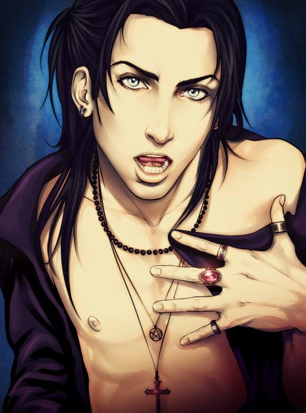 Anime picture 2480x3340 with original audreydutroux single long hair tall image looking at viewer highres open mouth black hair simple background realistic open clothes grey eyes open shirt boy earrings pendant ring beads