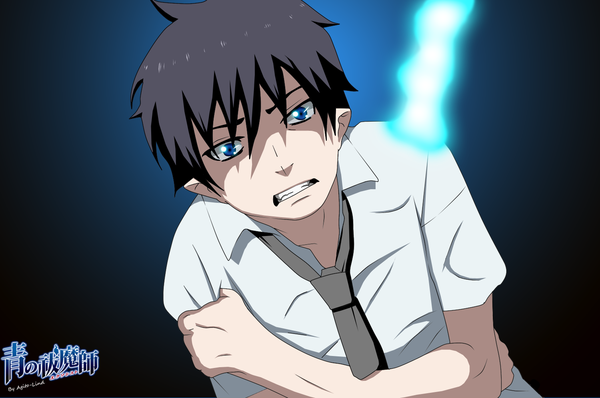 Anime picture 1500x995 with ao no exorcist a-1 pictures okumura rin aagito single looking at viewer short hair blue eyes black hair pointy ears inscription teeth coloring glowing sharp teeth boy shirt necktie