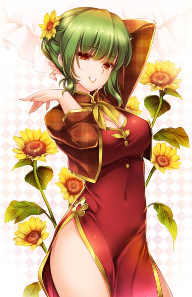 Anime picture 839x1300 with touhou kazami yuuka moneti (daifuku) single tall image looking at viewer fringe short hair red eyes blunt bangs hair flower green hair chinese clothes side slit alternate hairstyle floral background hair up girl hair ornament flower (flowers)