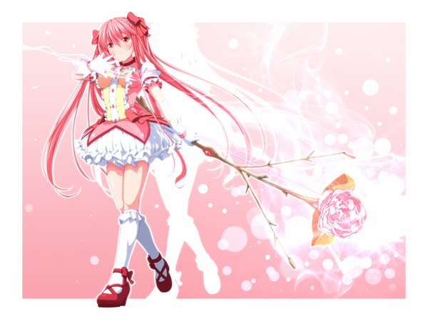 Anime picture 1694x1274 with mahou shoujo madoka magica shaft (studio) kaname madoka tsukumo single blush red eyes twintails pink hair very long hair pink background girl dress flower (flowers) bow hair bow socks white socks