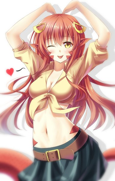 Anime picture 660x1037 with monster musume no iru nichijou miia (monster musume) zha yu bu dong hua single long hair tall image fringe breasts simple background white background yellow eyes red hair tail one eye closed pointy ears wink bare belly midriff snake tail lamia