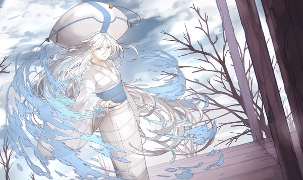 Anime picture 1831x1095 with mushibugyou production ims kuroageha (mushibugyou) nine (liuyuhao1992) single highres blue eyes wide image sky cloud (clouds) white hair very long hair japanese clothes magic girl plant (plants) hat tree (trees) kimono